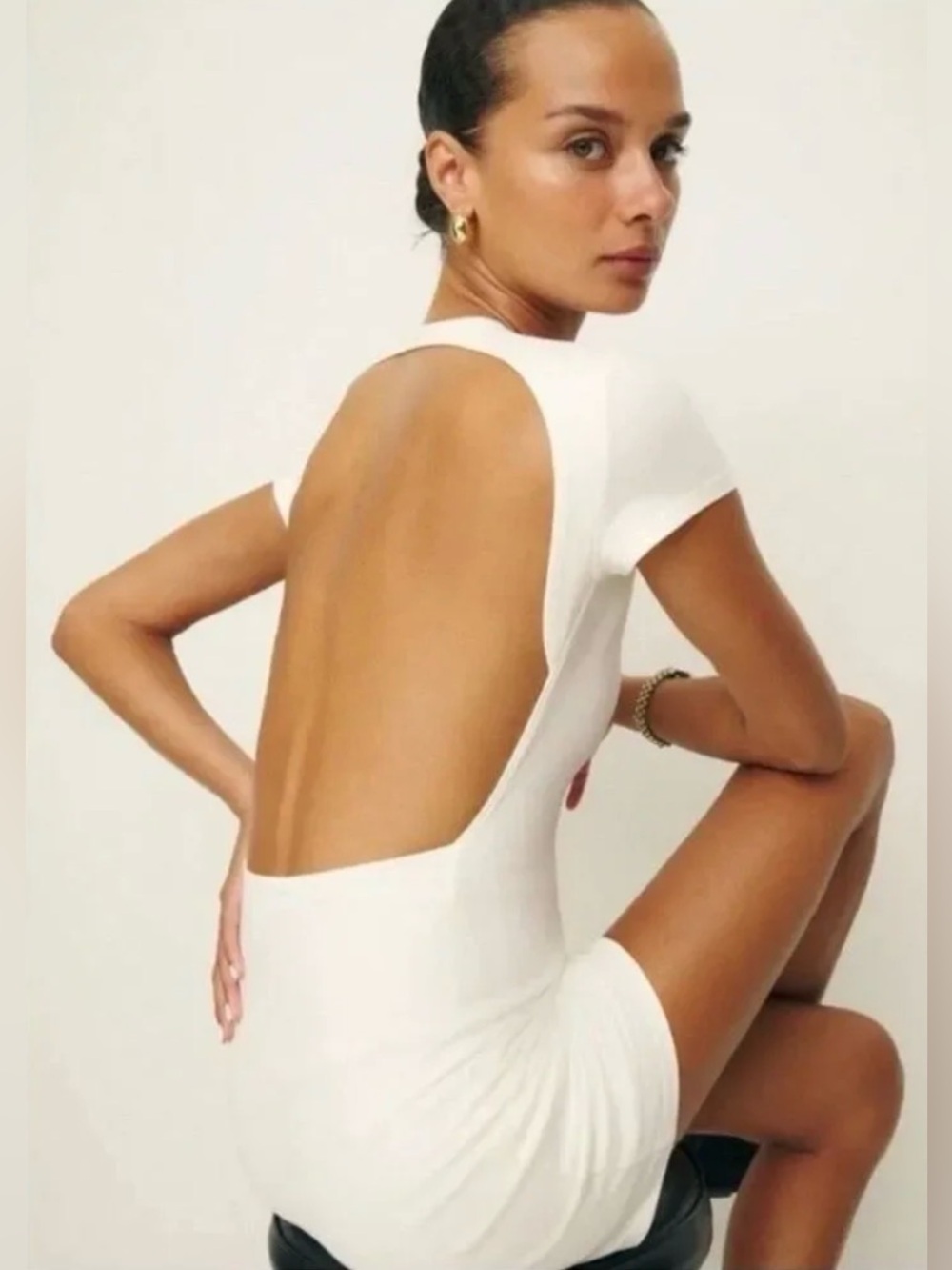 Reformation x Laura Harrier Christy White Open Back Stretch Knit Mini Dress